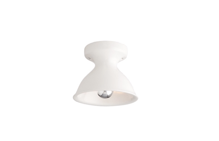 Cast and glazed in Portland, Oregon, a Large Alabax flush mount ceiling fixture can be specified with a UL damp rating and comes in four colors including white as shown; $9 from Schoolhouse Electric.