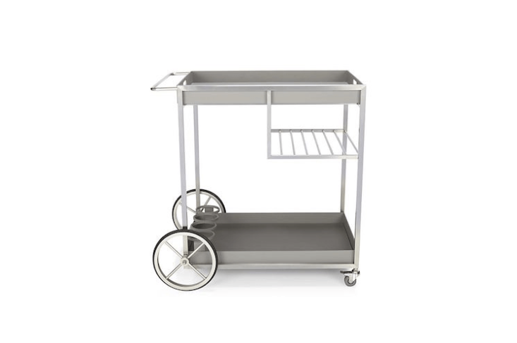 A stainless steel Dune Bar Cart has aluminum and rubber wheels and is \$599 (currently on sale) at Crate & Barrel.