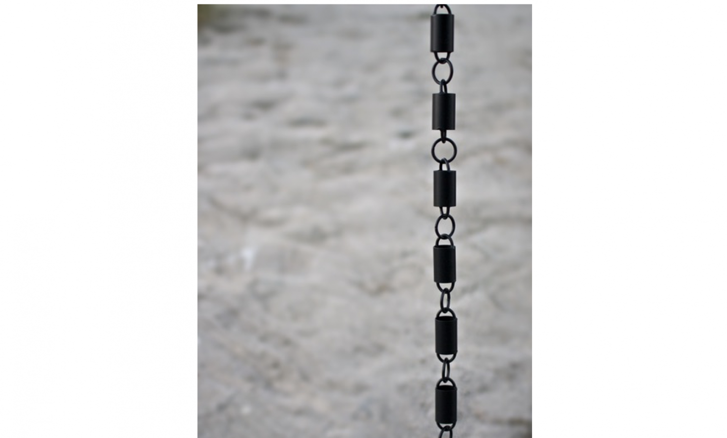 The Channel Link Black Rain Chain is made of high quality aluminum finished in flat black powder coating; $49.95 for an 8.5-foot length chain at Rain Chains Direct.