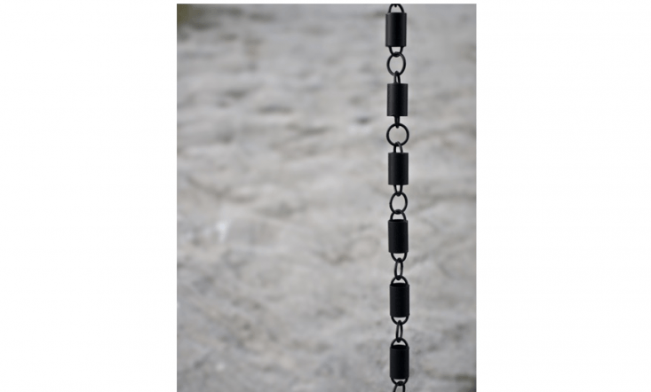 The Channel Link Black Rain Chain is made of high quality aluminum finished in flat black powder coating; \$49.95 for an 8.5-foot length chain at Rain Chains Direct.