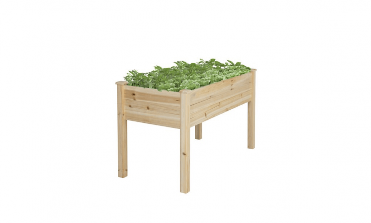 A Rectangular Wooden Raised Garden Bed is 46 inches long and \2\2 inches wide; \$\109.99 from BCP.