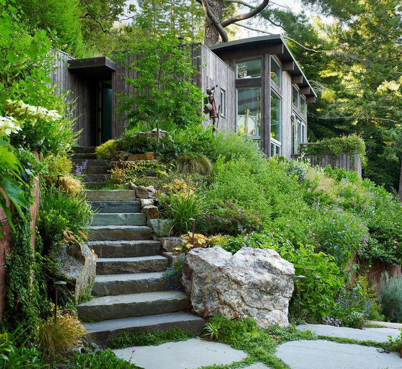 Architect Jonathan Feldman built a stone staircase into a wooded hillside between two Mill Valley, California, cottages—one designed for yoga, the other for art. Read about the pair in Feldman Architecture: Cottages in the Mill Valley Forest. Photograph by Joe Fletcher courtesy of Feldman Architecture.