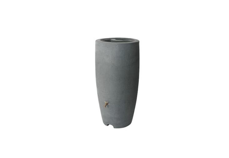 An 80-gallon Rain Barrel made of polyethylene has a brass spigot and comes in three colors (charcoal, shown, brownstone, or terracotta) and is \$\160.04 from Home Depot.