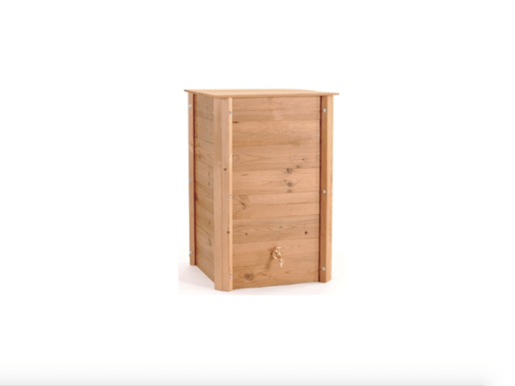 A square Wooden Rain Barrel with a 70-gallon capacity is \$\244 from Eco-Outfitter.