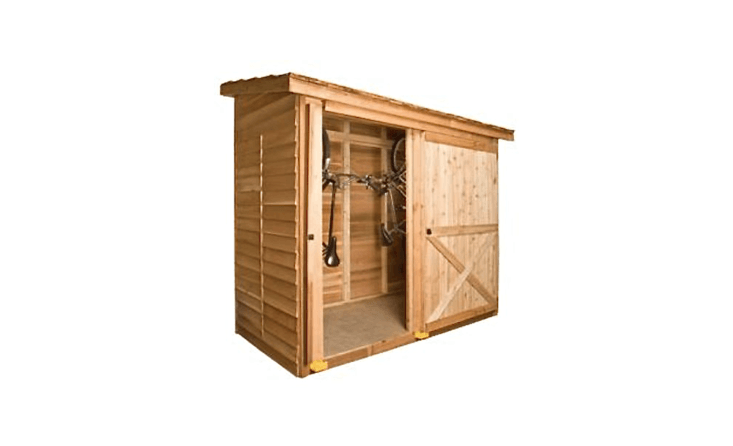 A DIY Cedar Shed Bayside Kit is customizable and comes with such options as a Dutch door, a fixed window, and a sliding door. The kit comes with pre-cut wood wall panels, hardware, a pre-shingled roof, and step-by-step instructions for assembly (no cutting necessary). It is \$\1,959 from Cedar Shed.