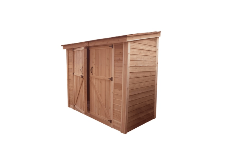 With two wide doors, an unfinished western red cedar SpaceSaver Shed by Thos. Baker measures 8 by 4 feet and is \$\2,\209.96 from Wayfair.