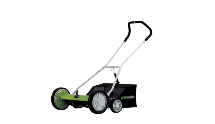  Suitable for medium-size gardens, a Greenworks \18-Inch Manual Reel Mower comes with a bag to catch grass; \$\1\29.99.