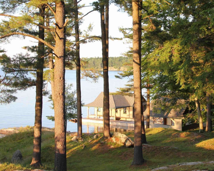 Seen from above, the boathouse and skiff house (at Right) are sited to take advantage of expansive views of the St. Lawrence River. Grater Architects did the concept designs (and plans for the permit process).