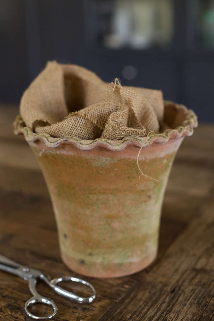 Burlap provides a bit of insulation for an Aged Pie Crust Planter made of terra cotta; from \$\16.\25 to \$33.75 depending on size from Campoo de&#8\2\17; Fiori.