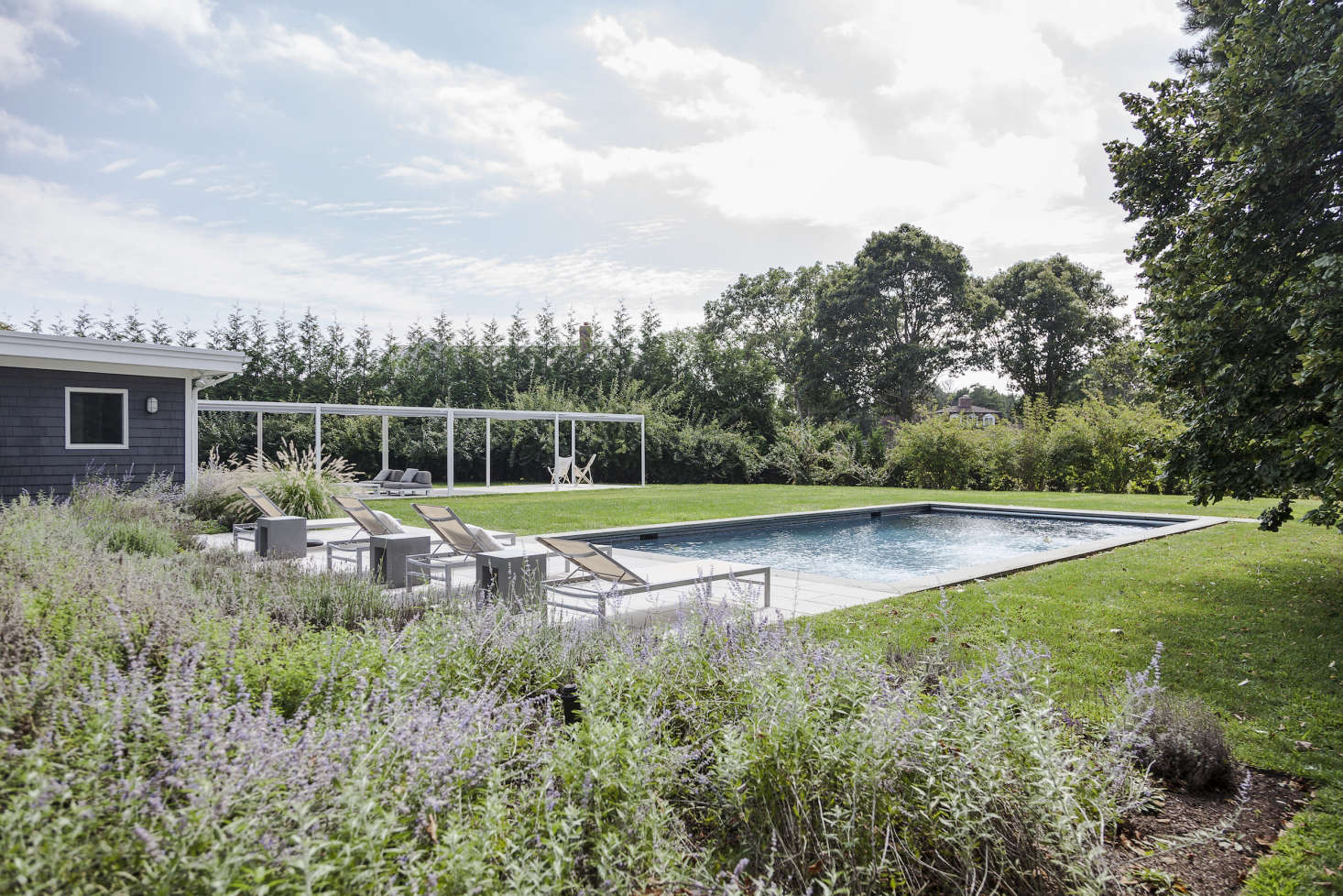 Large swaths of lavender and grasses soften the rectangular hardscaping.
