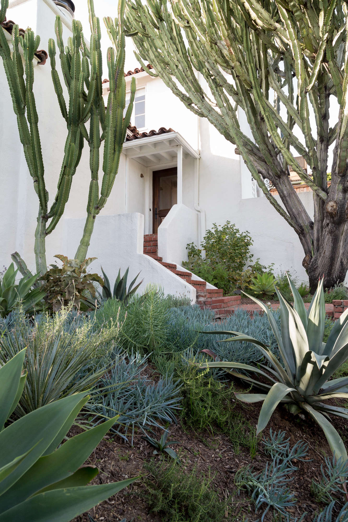 The front entryway, up a brick stairway, is hidden from the street.