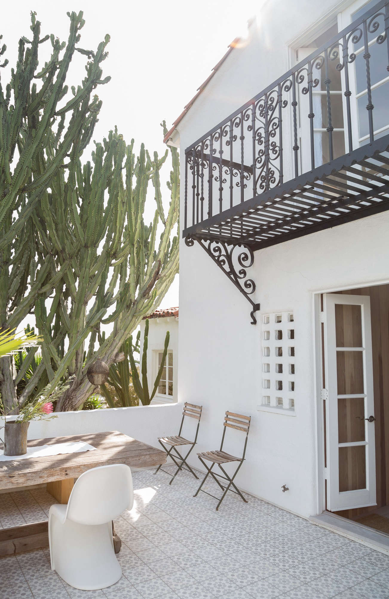 On another side of the house: an outdoor dining room overlooks the hillside, shaded by a giant Euphorbia candelabrum.