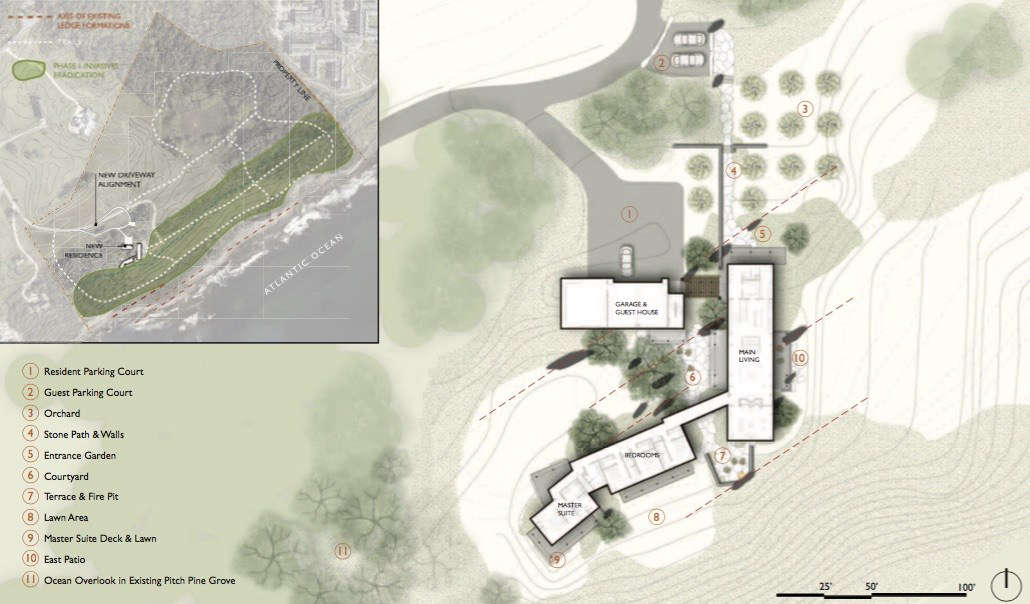Note the diagonal dashed lines on the site plan; the boulders sit on axes carefully aligned with the axis of the shoreline.