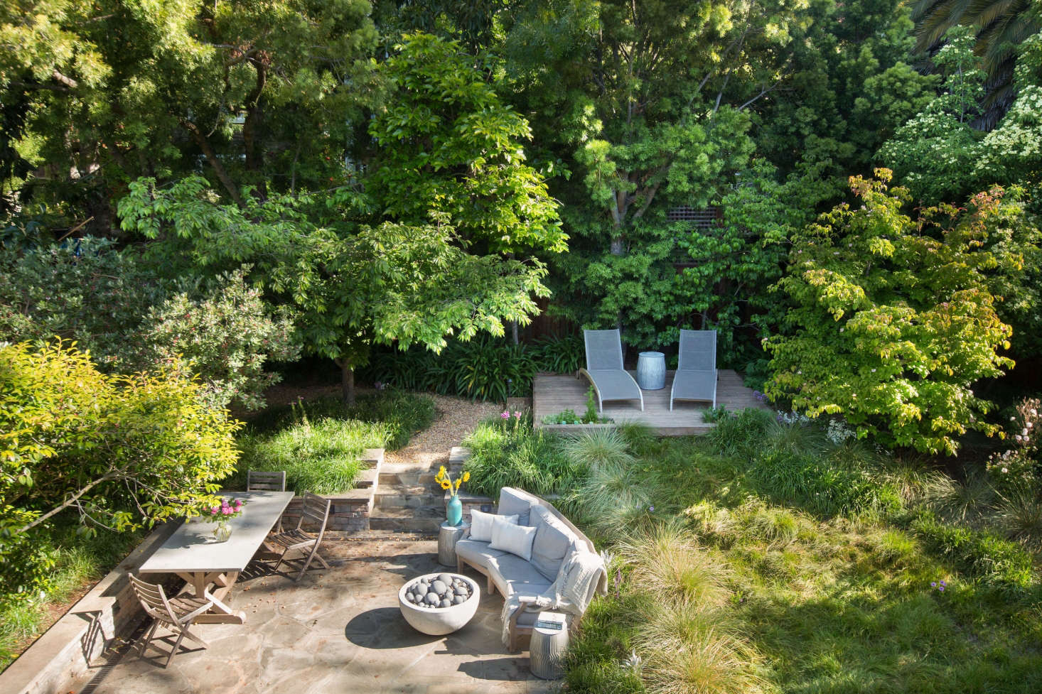 To design a backyard meadow for Mill Valley, CA for homeowners Catherine and Greg Stern, garden designer Sarah Madeline Stuckey Coates worked with grass specialist John Greenlee to plant mix of grasses including Carex pansa, Festuca mairei, and S. autumnalis ‘Greenlee’. See more at Garden Visit: A Backyard Meadow in Mill Valley, CA. Photograph by Mimi Giboin.