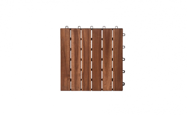 A box of \10 6-slat Contemporary Wood Floor Tiles made from sustainably harvested acacia (each measuring \1\1.8 inches square) is \$44.99 from Garden Winds.