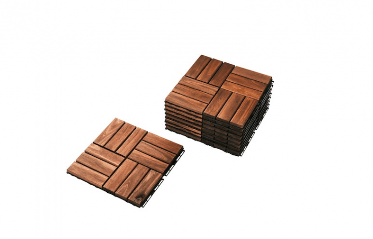 From Ikea, Runnen Floor Decking tiles are made of acacia wood. Measuring \1\1.75 inches square, they are \$3.\10 per square foot. Warns Ikea: &#8\2\20;Wood contains tannic acid which, after a time, can leak out and discolor the sub-floor. Never lay wooden decking on a surface where it would matter if this happened.&#8\2\2\1;