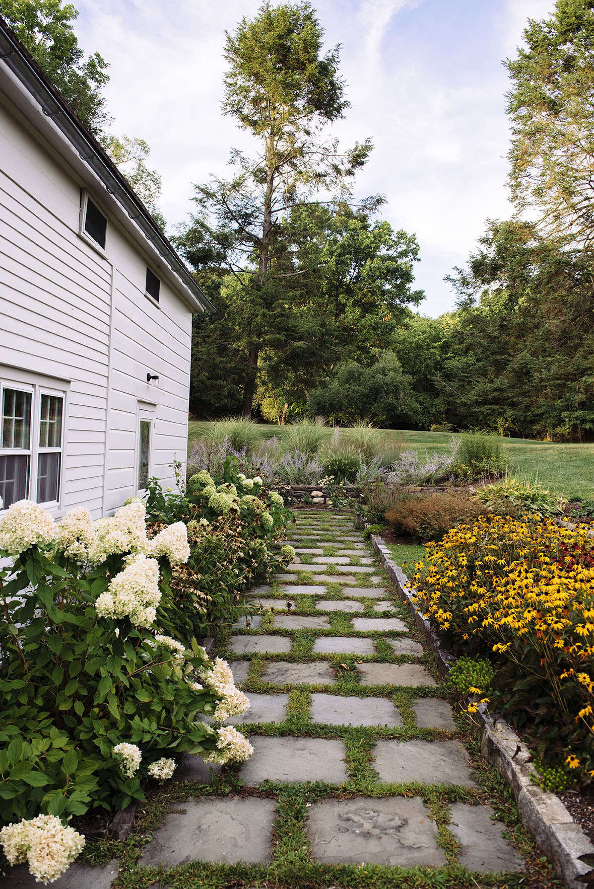 Hydrangeas (L) and yellow Rudbeckia (R) that echoes the vibrancy of the yellow front door edge a path of stone pavers.