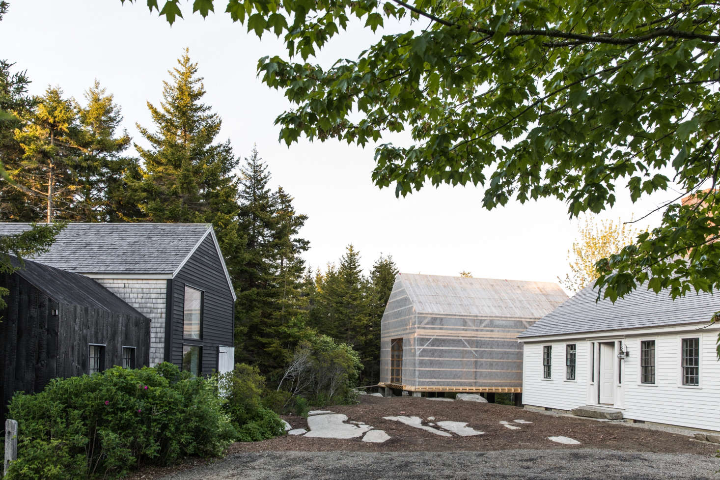 The compound, with Soot House at left and Cape at right, sits in a sparse clearing.