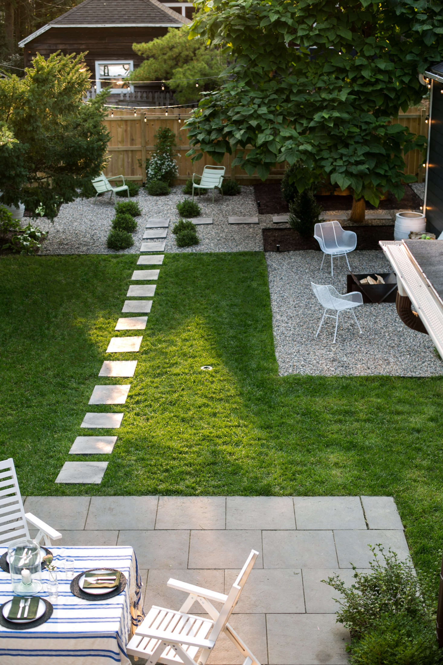 An overhead view of the garden, as seen from the house. In addition to two gravel patios, Adams has a dining terrace.