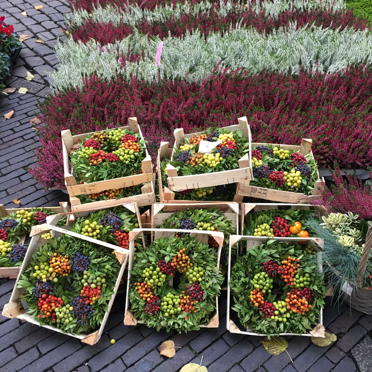 Seasonal wreaths and fall-blooming heathers carpet the square.