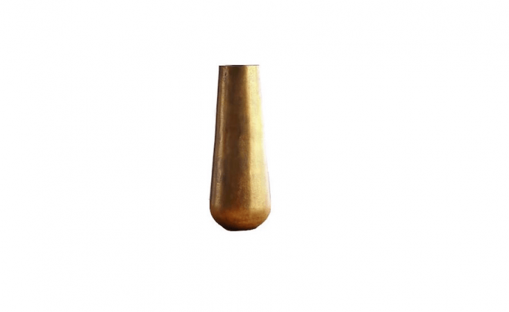 A tall Element Metal Antiqued Brass Vase is \20.5 inches high; made in India of sand casted aluminum with an antique bass finish, it is \$\1\29 from Crate and Barrel.