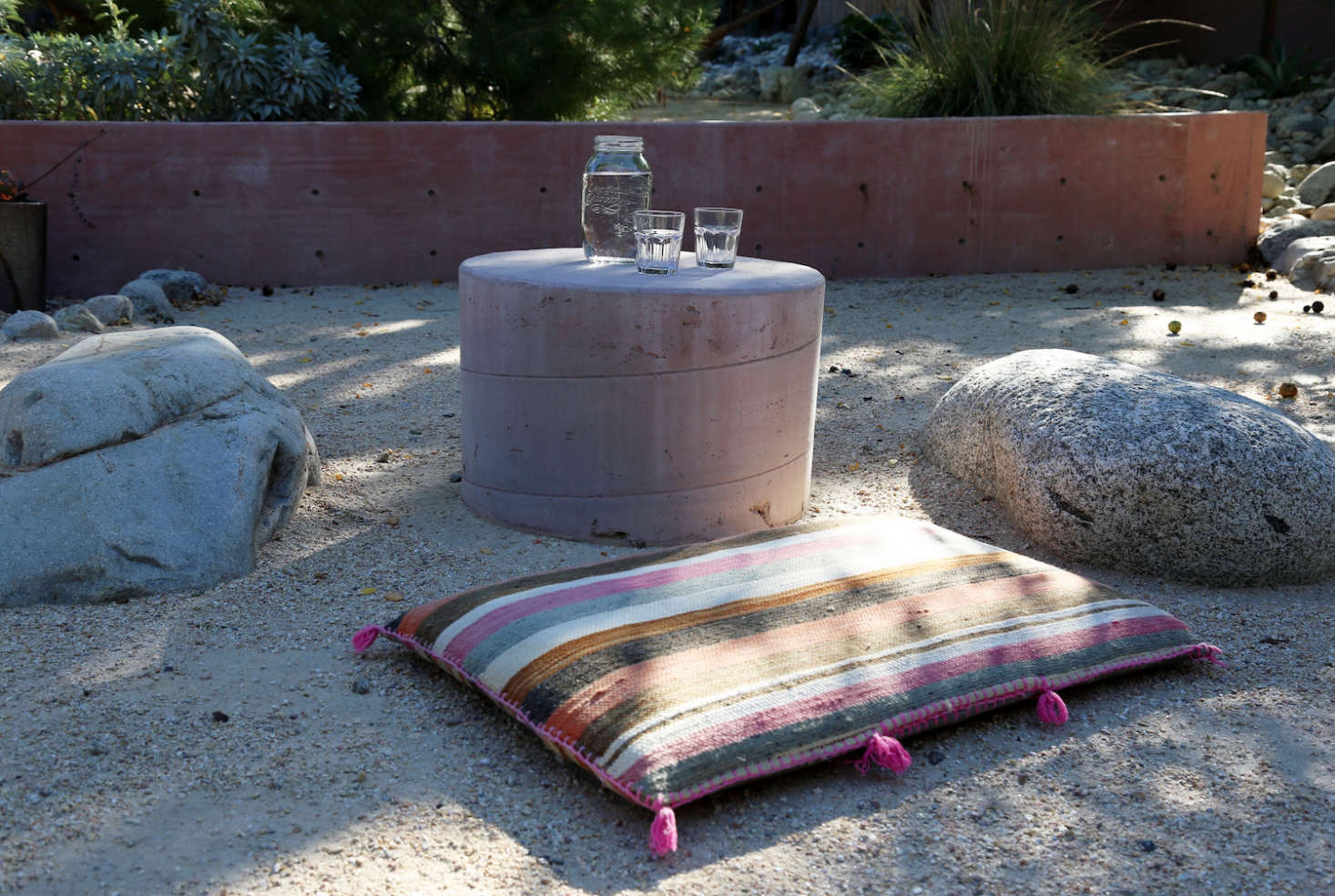 The pink-tasseled cushion was a wedding gift from a friend, the artist Stephen Haskell.