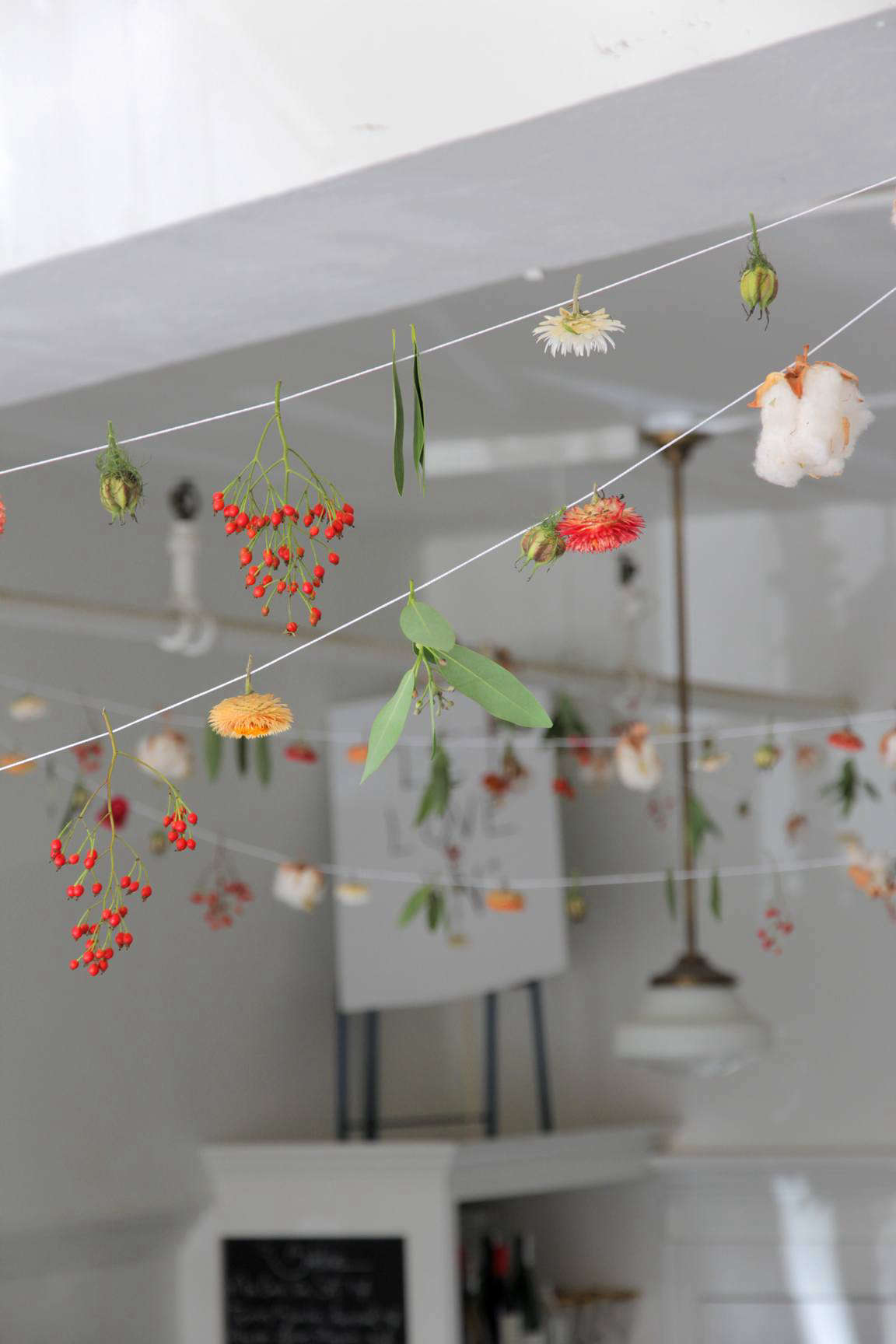We fell for the artful, ad-hoc garland strung across the ceiling of Måurice, a tiny Norwegian- and French-inspired “modern pastry luncheonette” in downtown Portland, Oregon, when we featured the cafe interiors on Remodelista. Fortunately the pastry chef and the florist behind the garland shared their secrets with us; read more in DIY: An Artful Botanical Garland by Måurice in Portland, OR, on Remodelista.