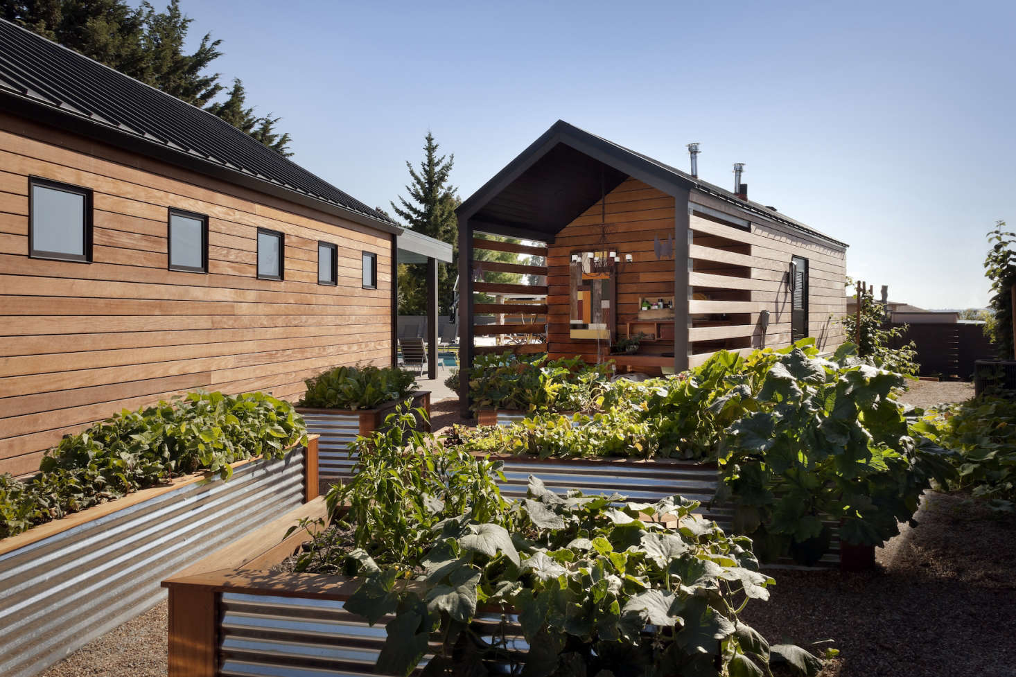 The homeowners wanted a vegetable garden made of corrugated steel beds, so the design team framed them in ipe wood to match the media room and outbuildings.
