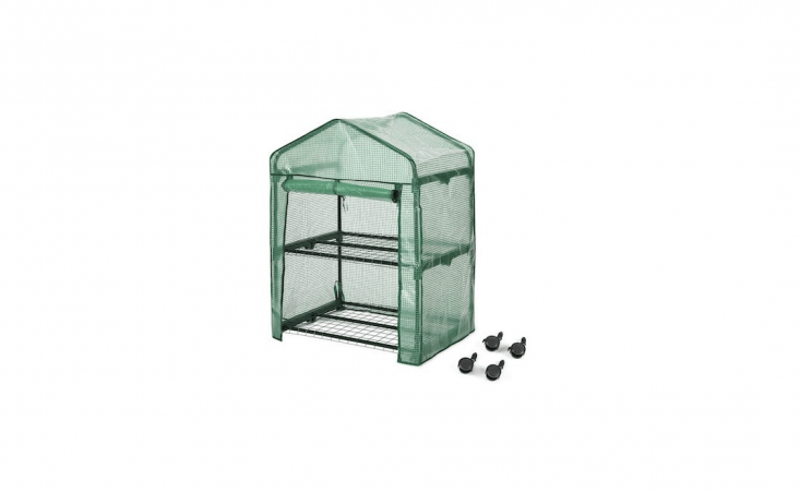 A two-tier Portable Greenhouse with wheels (and lockable brakes) has a tear-proof PVC cover and is \$39.99 from Amazon.