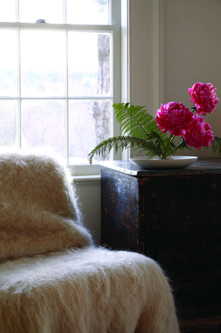 Peonies and ferns in a Ceramic Flower Frog Bowl.