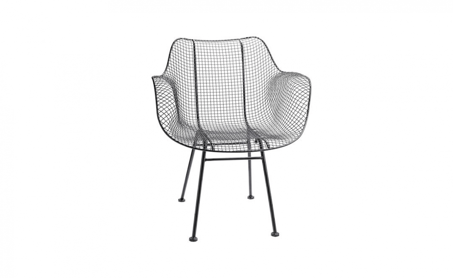 A Modern Wire Chair made of powder-coated metal is suitable for covered outdoor use; currently on sale for $3 from Rejuvenation.