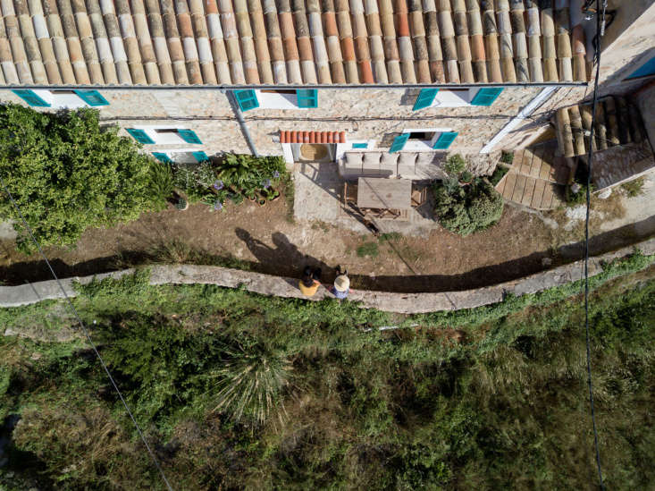 The couple relaxes on the long, rambling stone wall that divides the narrow front garden and terrace from the hill.