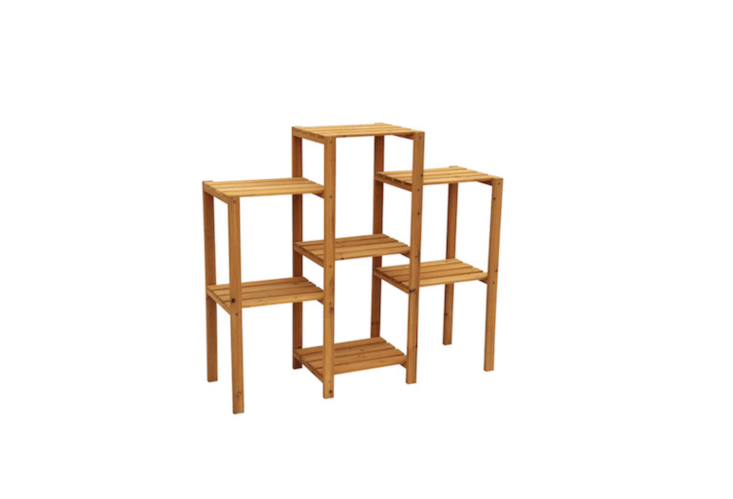 A multi-tier plant stand to display up to seven plants, a Natural Outdoor Rectangular Wood Plant Stand is \$79.38 from Lowe&#8\2\17;s.