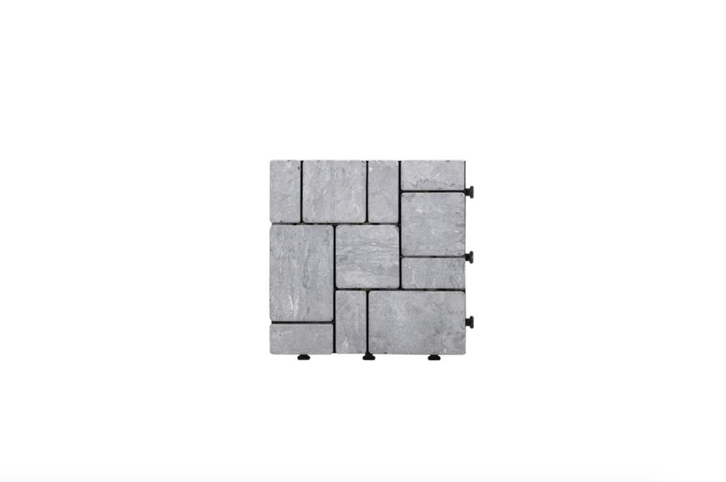Natural stone Kontiki Interlocking Deck Tiles are gray and measure one square foot; $6.09 to $6. per square foot, depending on quantity, at Build Direct.