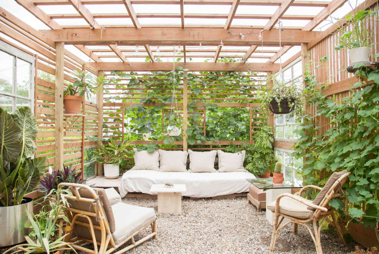 Andrew Tatreau of Omaha, Nebraska, built a DIY cabana in his shadeless backyard to provide a respite from the sun for both people and plants; he won our Best Amateur Landscape award for the project.