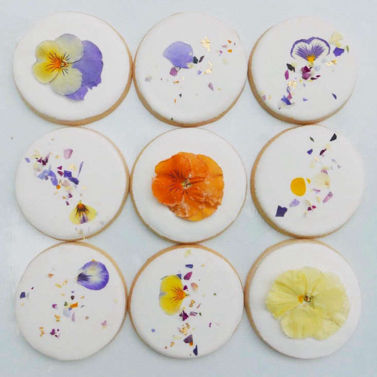 Pansy, viola, and rose confetti cookies.