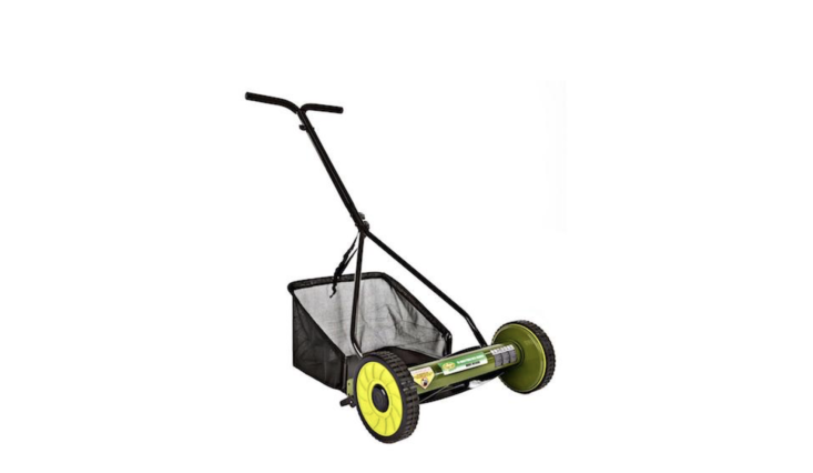 From Sun Joe, a Mow Joe Manual Push Walk Behind Reel Mower (with grass catcher included) is \16 inches wide; \$74.\25 at Home Depot.