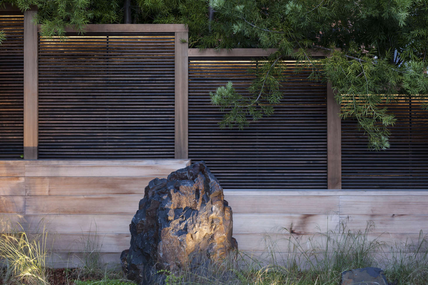 Gargan carefully positioned uplighting throughout the landscape to highlight features like a small rock grove behind the pool.