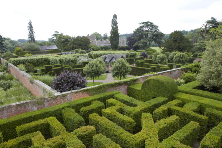 The maze and a series of walled gardens at Hampton Court Castle, Herefordshire.