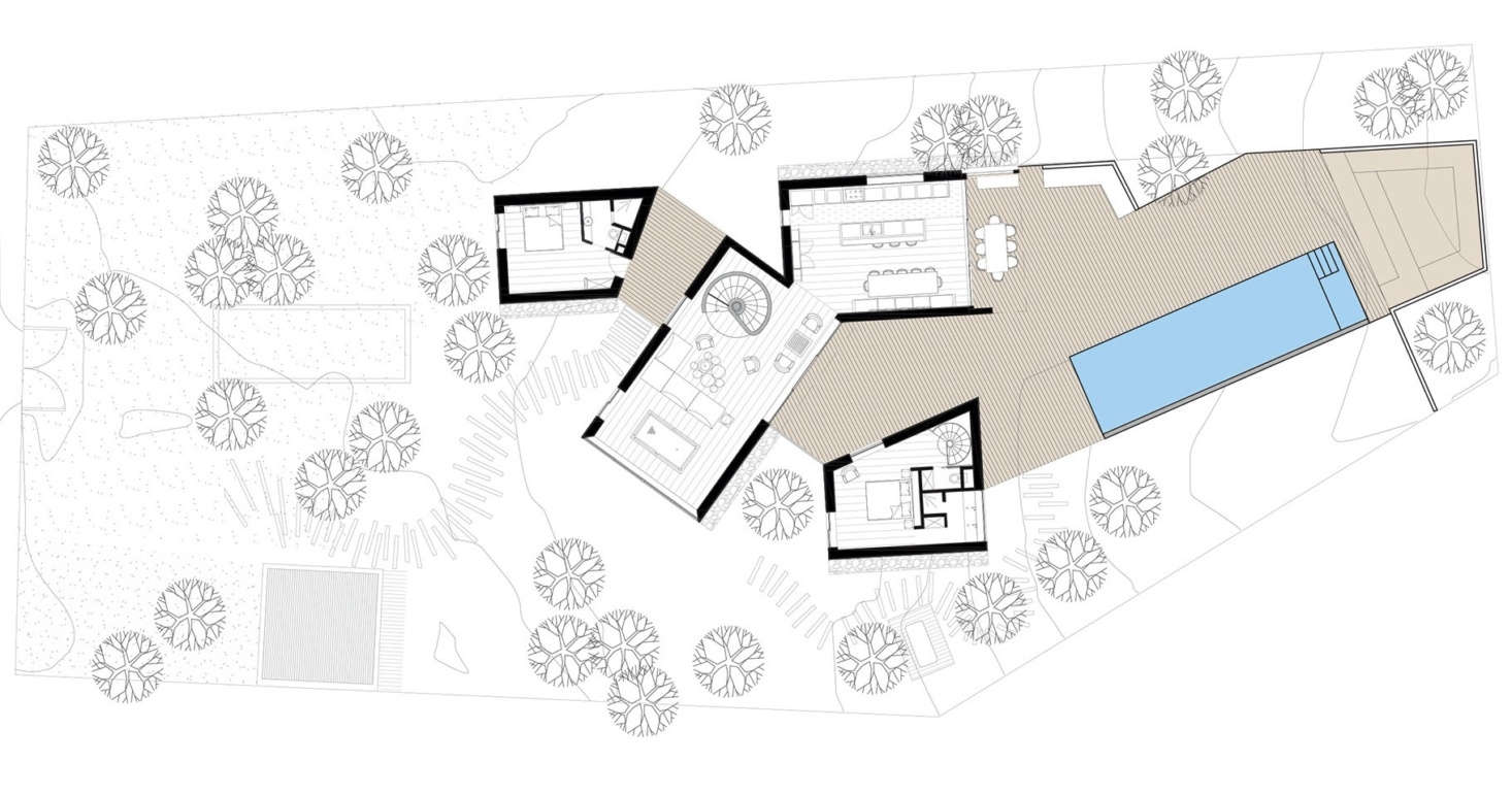 A floor plan shows the top floor of the cabins, extending onto the deck and pool. There are accommodations to sleep up to people in a variety of configurations.