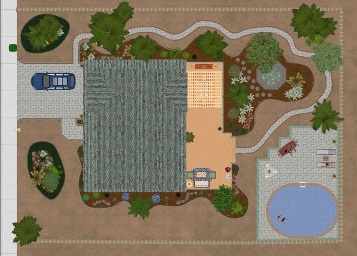 An aerial view of a desert landscape design on Realtime Landscaping Plus.