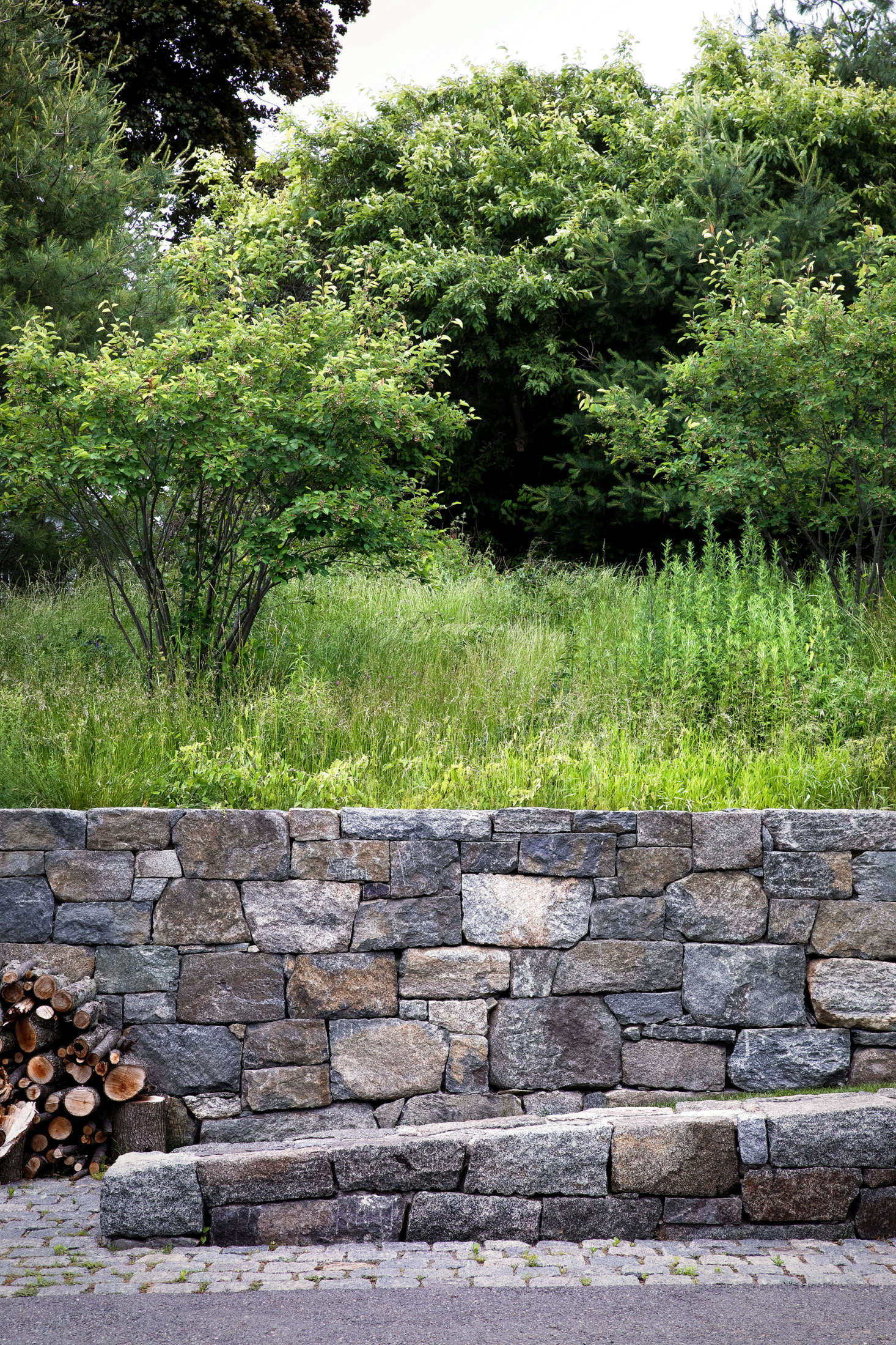 A tightly edited plant list (including sugar maples, fothergilla, and shadblow serviceberry) connects the landscape to the surrounding woods and fields and provides visual unity. One hundred Eastern white pines were also planted to form a backdrop and complement the mature white pine already in place. Where possible crab apples, already on the property were integrated.