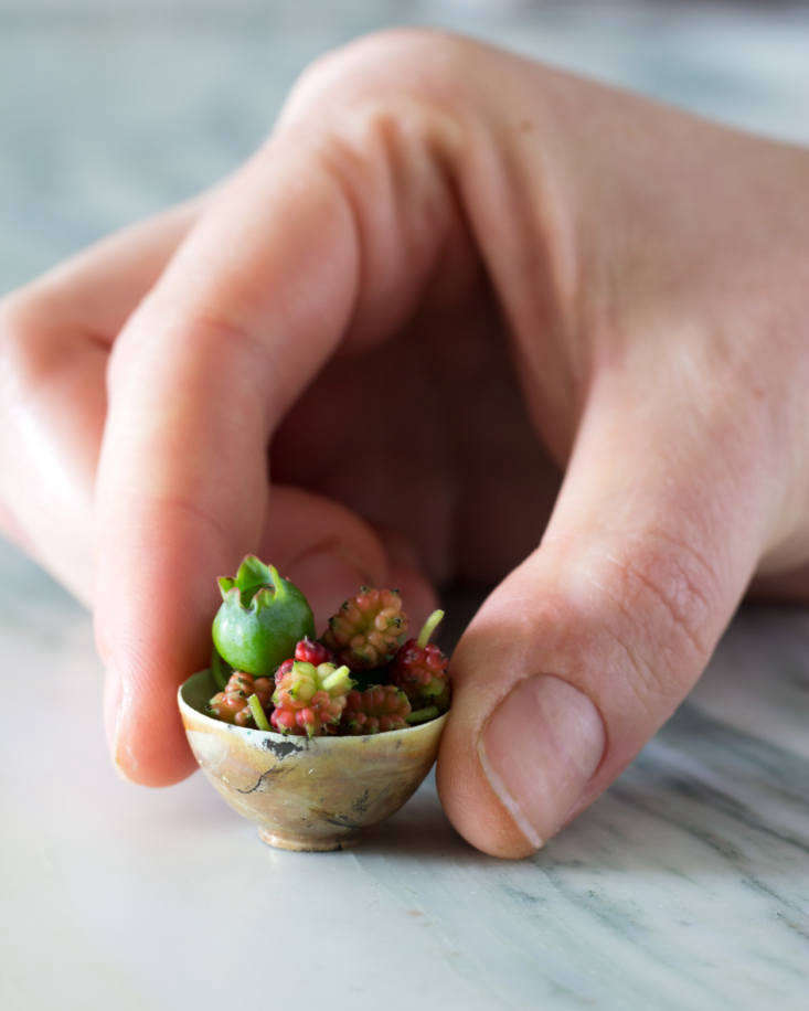 A tiny bowl from Almeda Pottery displays blueberries and mulberries.