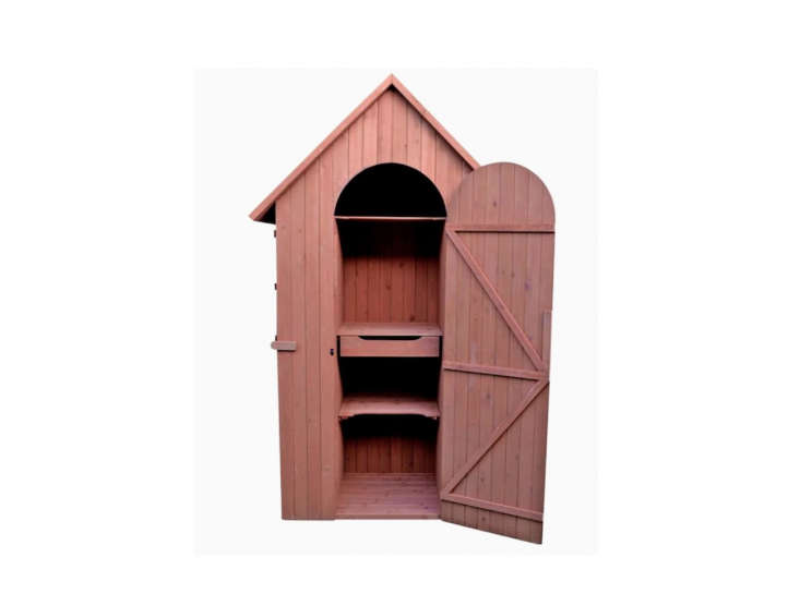 The Leisure Season Gable Cedar Wood Storage Shed is more than meets the eye. A door on the left side of the shed opens up to reveal more shelves and a drop table; a door on the right side reveals a slim closet for taller items; \$757.\15 at Lowe&#8\2\17;s.