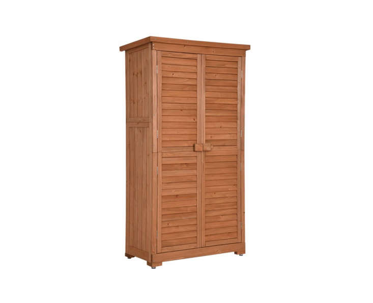 The MCombo Tall Garden Storage Shed is made of fir wood and measures 63 inches tall; \$ \259.90 on Amazon.