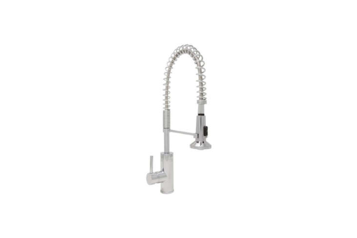 The Presidio Pull-Out Spray Kitchen Faucet is a commercial-grade restaurant faucet in polished chrome for \$574 from Mirabelle. It&#8\2\17;s the faucet seen in Steal This Look: A Grand Mudroom in Virginia.