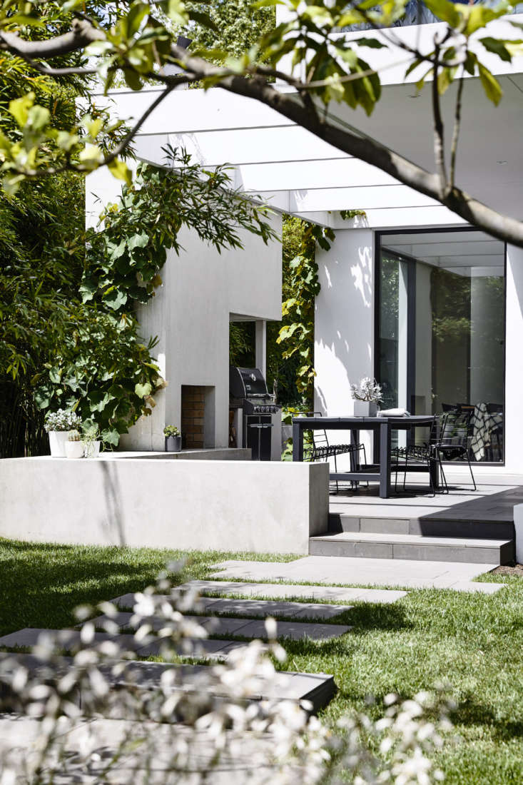 In the back garden, the emphasis shifts to clean lines and modern silhouettes: bamboo, grape vines on the pergola that shades the dining terrace, and shrubs (Gardenia florida) planted against the back wall of the house.