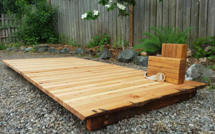 Custom yoga platforms designed by Ananda Woodworks have boards fastened by wooden pegs and are made of reclaimed and salvaged wood. For more information and pricing, see Ananda Woodworks.