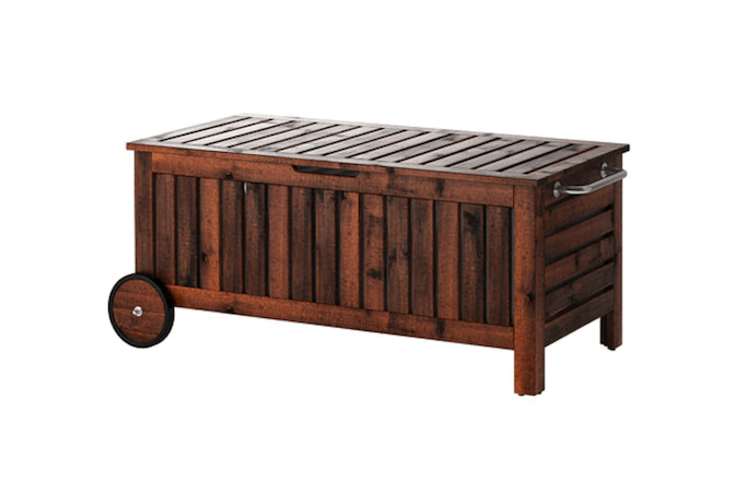 Ikea adds wheels: thank you. An Äpplarö outdoor storage bench is portable; \$\1\29.