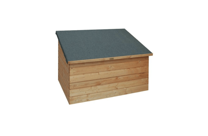 A slanted roof keeps stored items dry. From UK-based Rowlinson, an English Garden Wood Garden Deck Box with a weatherproof mineral felt roof is \$\275.49 from Home Depot.